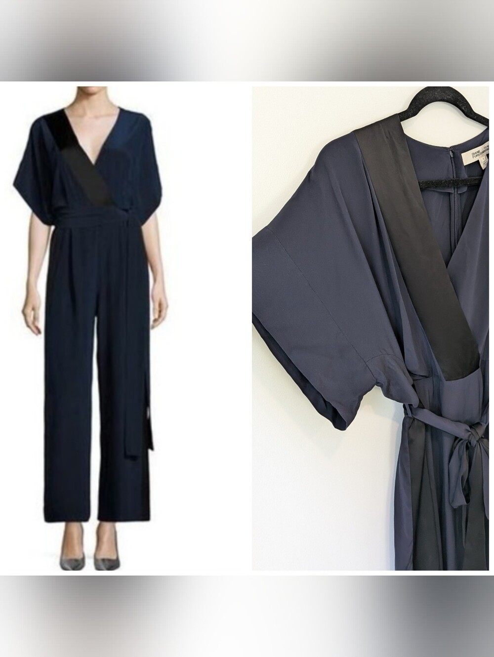 DVF 100% Silk Wide Leg Jumpsuit Black Navy Size 4 Classic